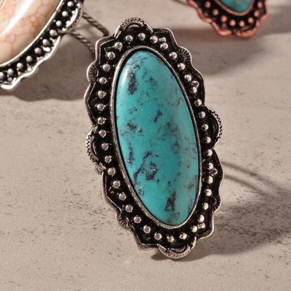 NEW Turquoise Antique Silver Oval Western Southwestern Adjustable Statement Ring - Picture 1 of 9